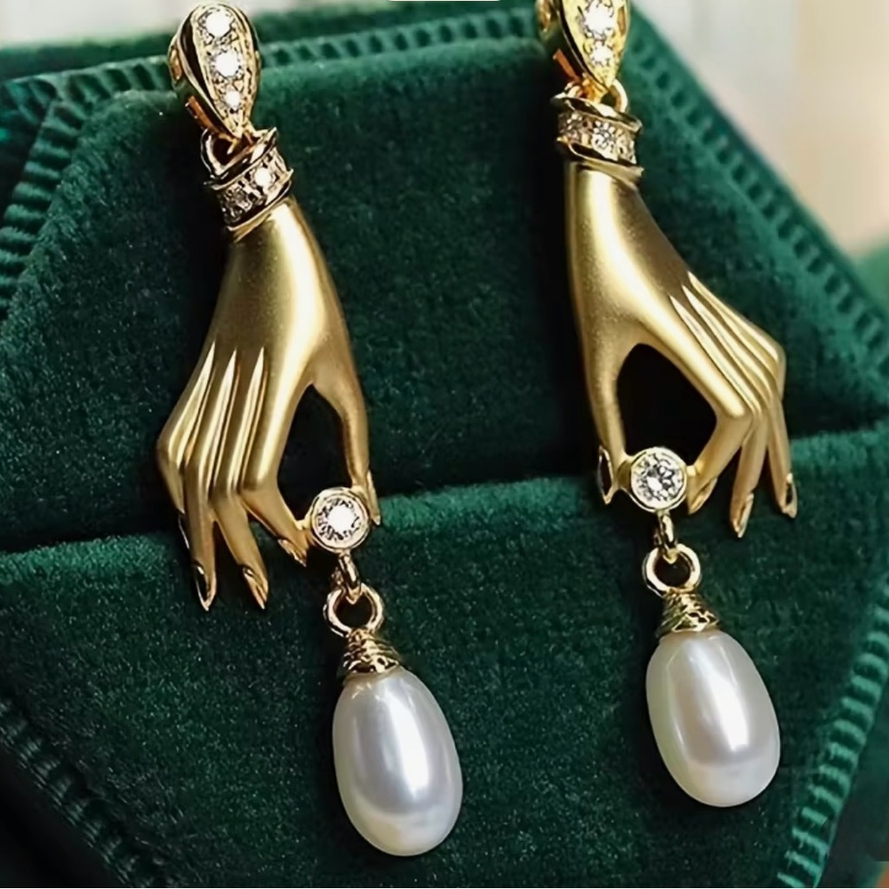 Gold Hand Design Earrings with Pearl Drops